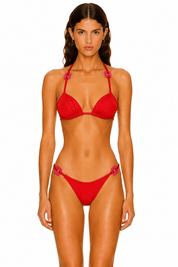 Front view of model wearing the premium Red Triangle Swim Set with a statement contrast hardware buckle by Flashmob Nation.