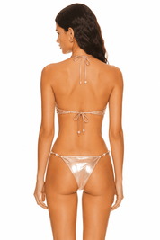 Back view of model wearing the shimmering Rose Gold Metallic Triangle Swim Set with premium pearl accents by Flashmob Nation.