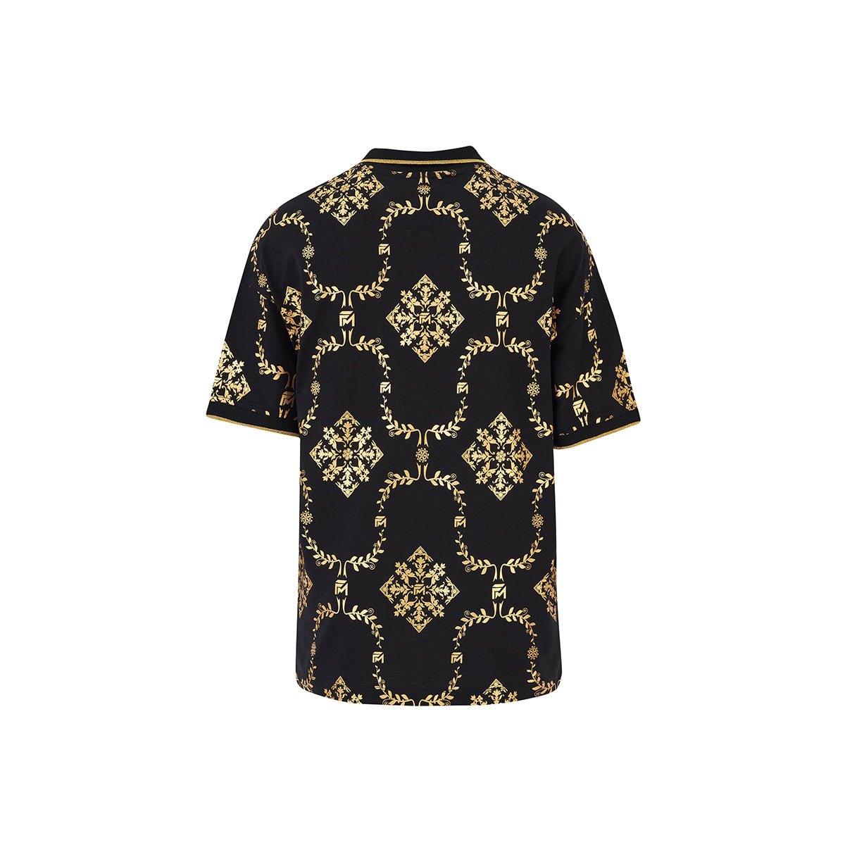 Men's black collared t-shirt with gold reflective graphic detailing Back View.