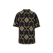 Men's black collared t-shirt with gold reflective graphic detailing Back View.