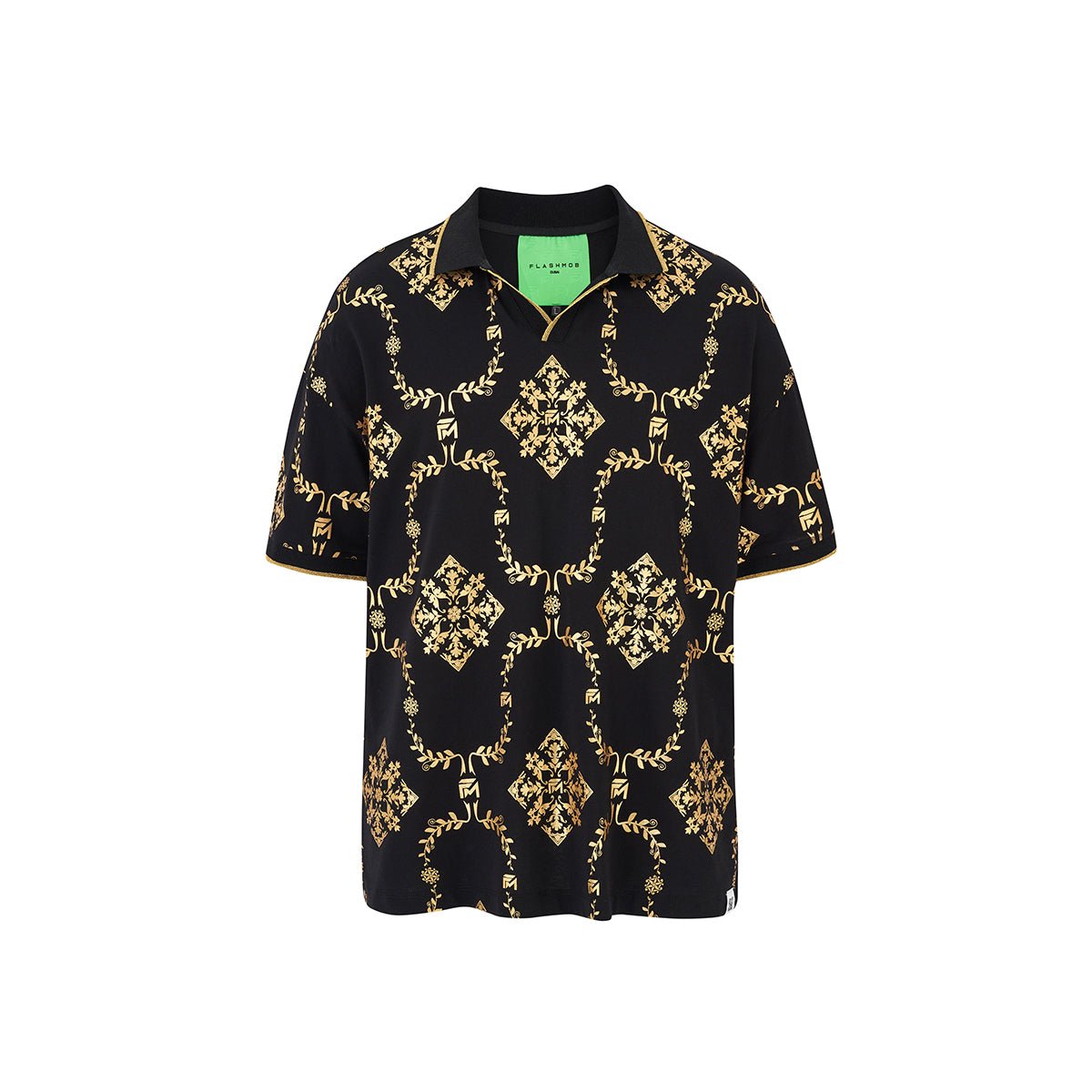 Men's black collared t-shirt with Shimmering Gold Reflective Polo T-shirt graphic detailing.