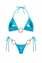 Flat studio view of the Women's Turquoise Metallic Halter Swimwear Set with gold ring hardware by Flashmob Nation.