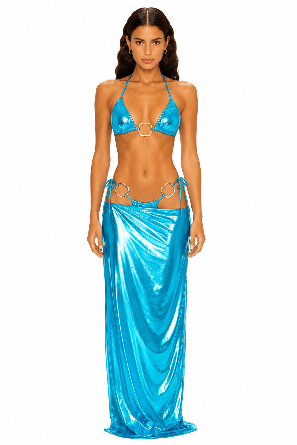Front view of model wearing the Turquoise Metallic Halter Swim Set styled with the matching long sarong wrap.