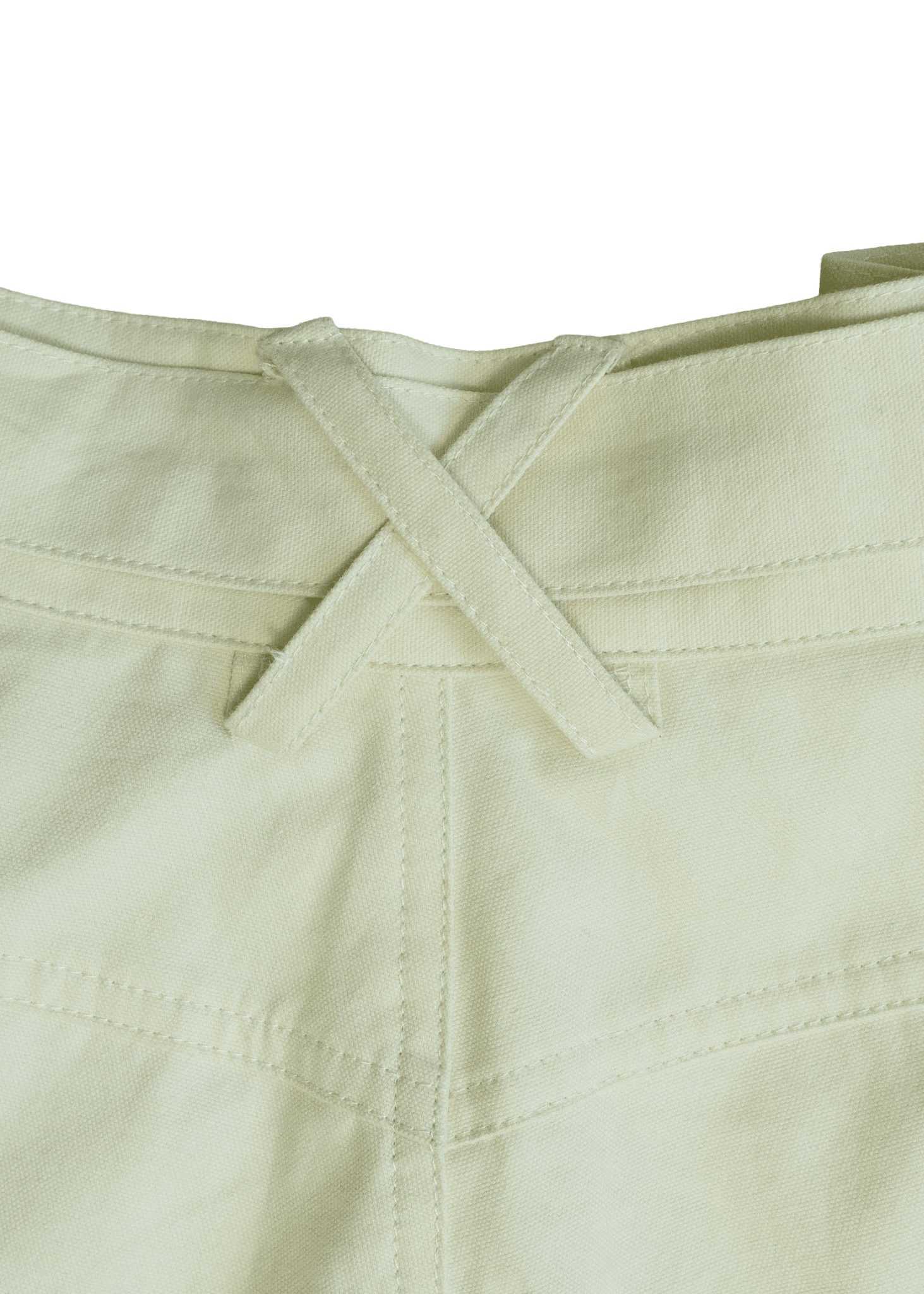 Detailed shot of sculpted twisted seam architecture on White Onyx trousers