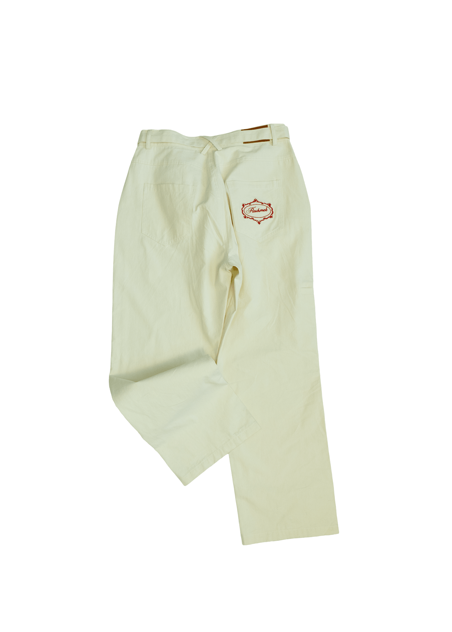 Side profile of White Onyx utility pants showing twisted seam construction