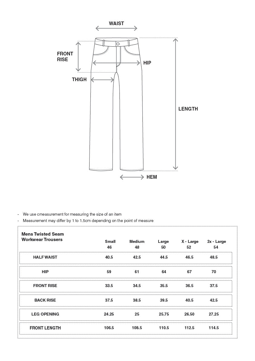 Technical size chart and fit guide for Twisted Workwear Trousers – White Onyx