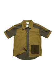 Two-tone tech utility zip shirt in olive and khaki with contrast pocket.