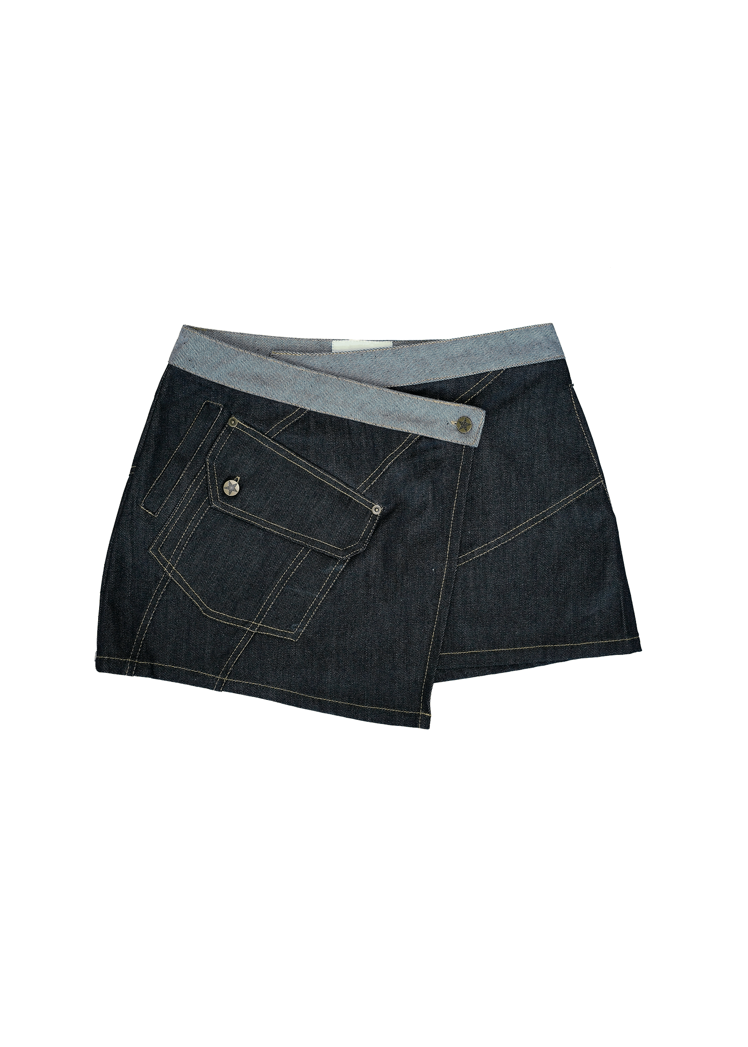 Dark navy Wesley asymmetric cargo mini skirt with industrial utility pocket.
