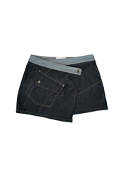 Dark navy Wesley asymmetric cargo mini skirt with industrial utility pocket.