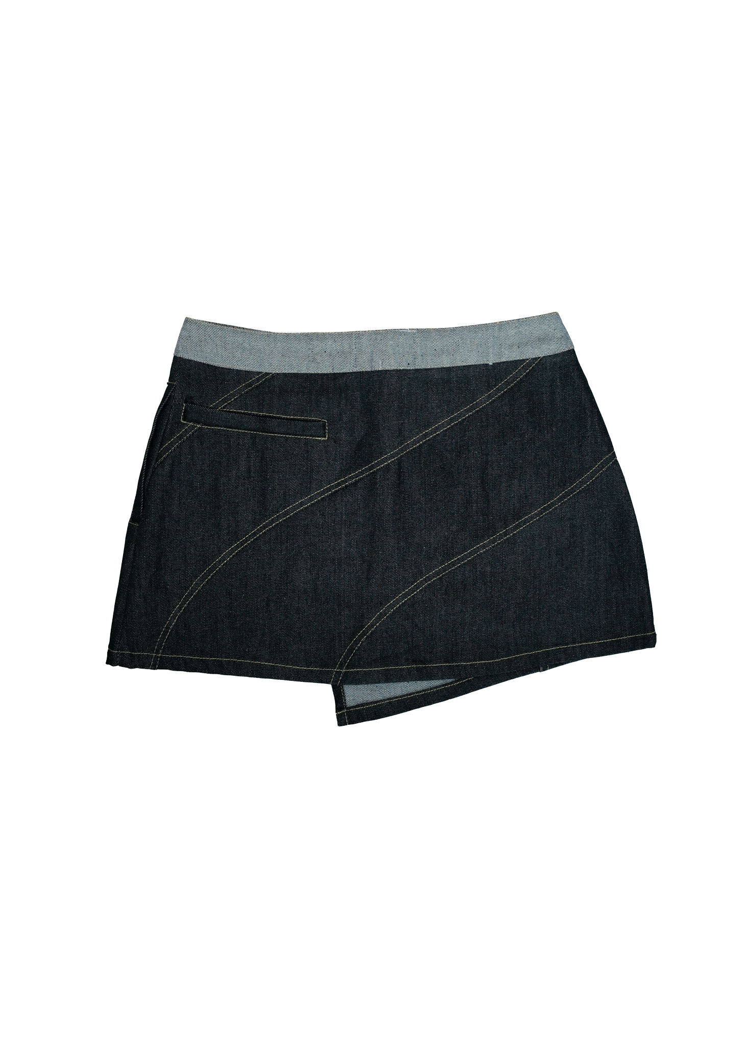 Tapered asymmetric cargo skirt in navy featuring a deconstructed technical hem.