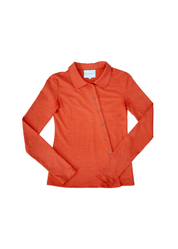 Women's slim-fit long-sleeve polo shirt in Burnt Sienna – Front view