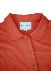 Detail of the classic polo collar on the Burnt Sienna long-sleeve shirt